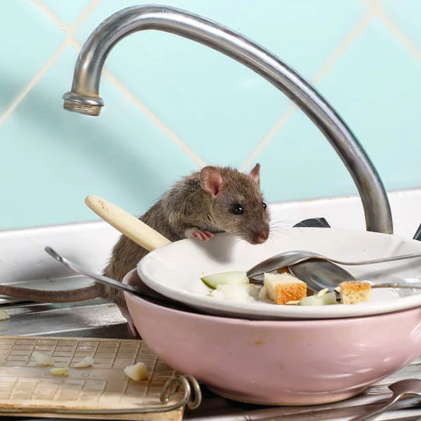 Rodents crawling over dishes in the sink