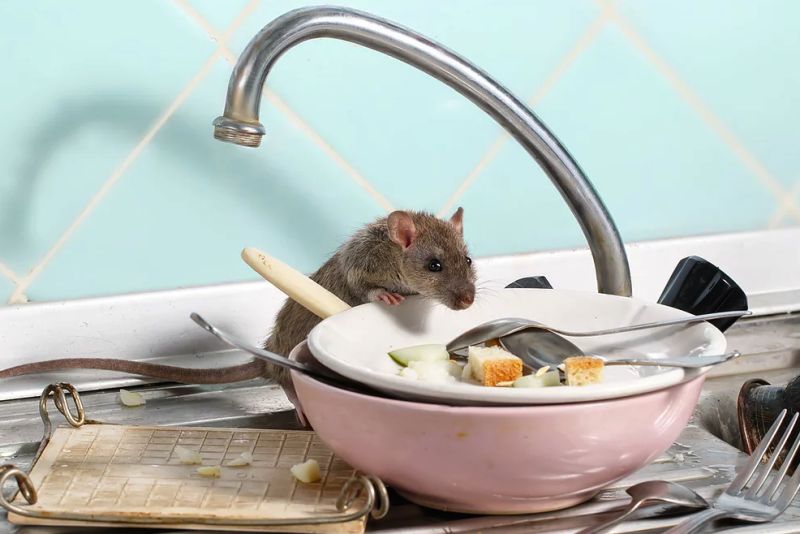 Rodents crawling over dishes in the sink