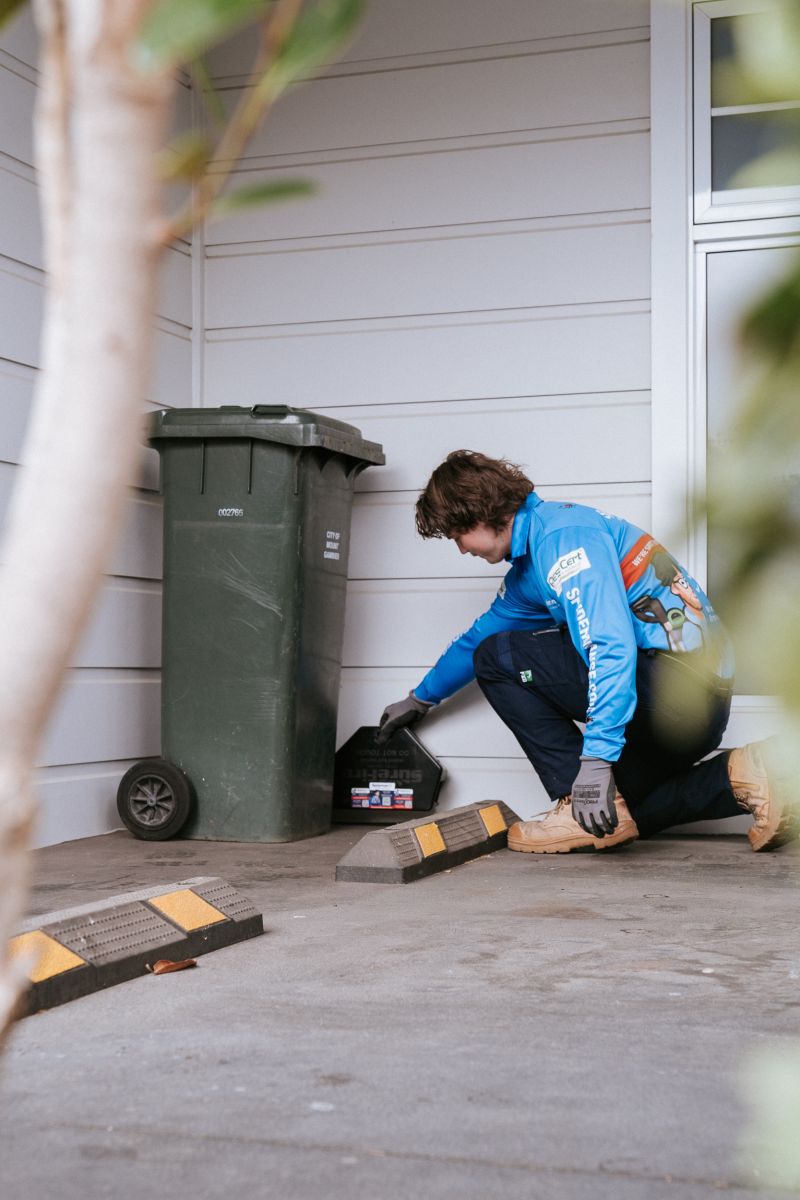Secure rodent bait station installed beside building wall